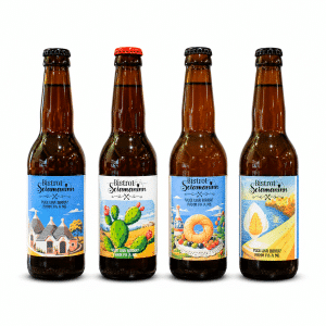 Box con quattro birre artigianali Bistrot Sciamaninn in bottiglia su sfondo bianco