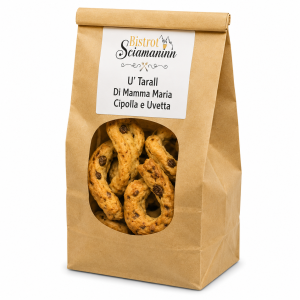 Taralli cipolla e uvetta Bistrot Sciamaninn in confezione kraft su sfondo bianco