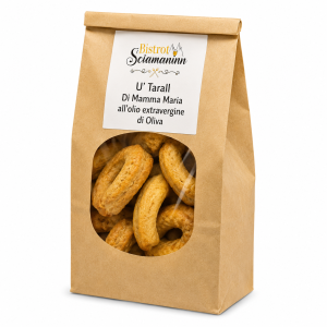 Taralli all’olio extravergine di oliva Bistrot Sciamaninn in confezione kraft su sfondo bianco