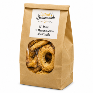 Taralli alla cipolla Bistrot Sciamaninn in confezione kraft su sfondo bianco