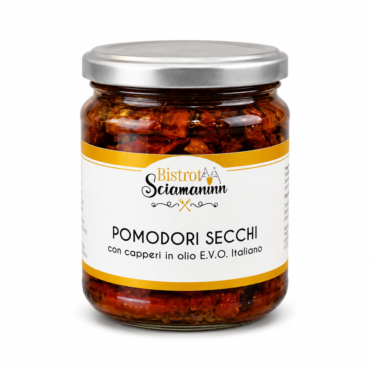 Pomodori secchi con capperi Bistrot Sciamaninn in olio E.V.O. italiano su sfondo bianco