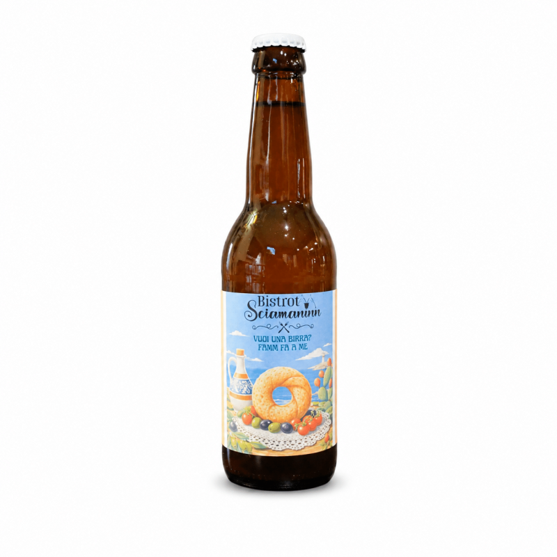 Birra artigianale pugliese Blanche Bistrot Sciamaninn in bottiglia su sfondo bianco