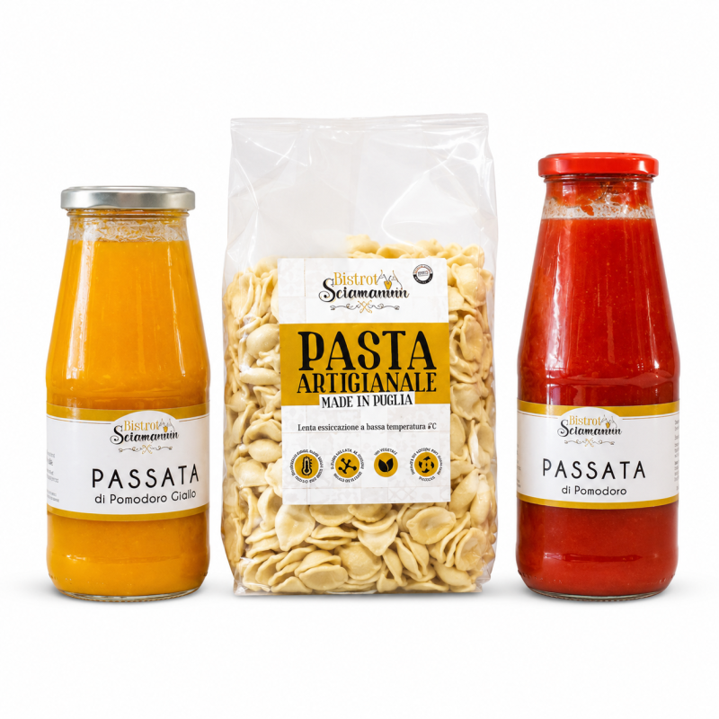 Box degustazione Bistrot Sciamaninn con pasta artigianale, passata di pomodoro e passata di pomodoro giallo su sfondo bianco
