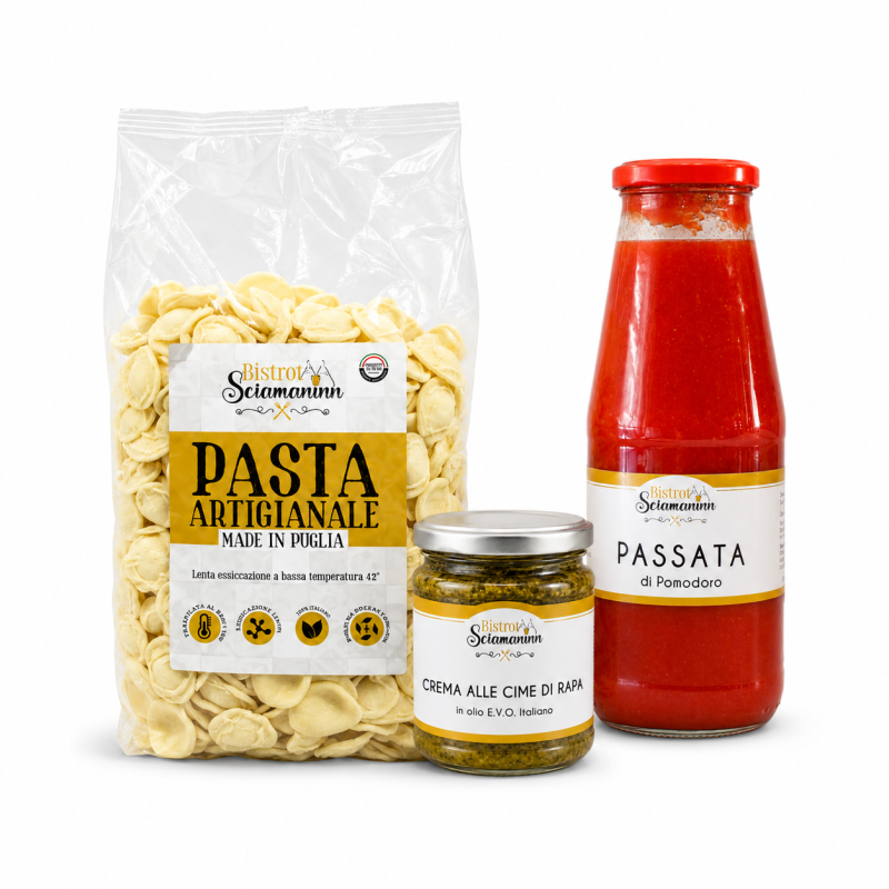 Box degustazione Bistrot Sciamaninn con orecchiette pugliesi, crema alle cime di rapa e passata di pomodoro su sfondo bianco