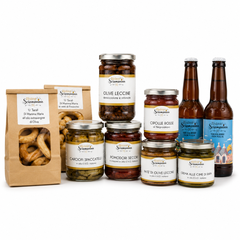 Box degustazione Bistrot Sciamaninn con taralli, conserve, creme, olive e birre artigianali su sfondo bianco