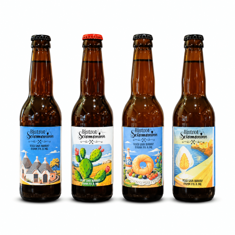 Box con quattro birre artigianali Bistrot Sciamaninn in bottiglia su sfondo bianco