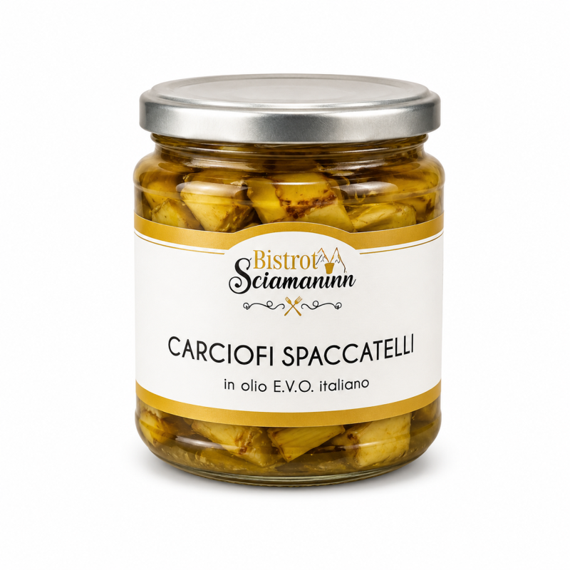 Carciofi spaccatelli Bistrot Sciamaninn in olio E.V.O. italiano su sfondo bianco