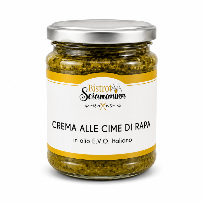 Crema alle cime di rapa Bistrot Sciamaninn in olio E.V.O. italiano su sfondo bianco