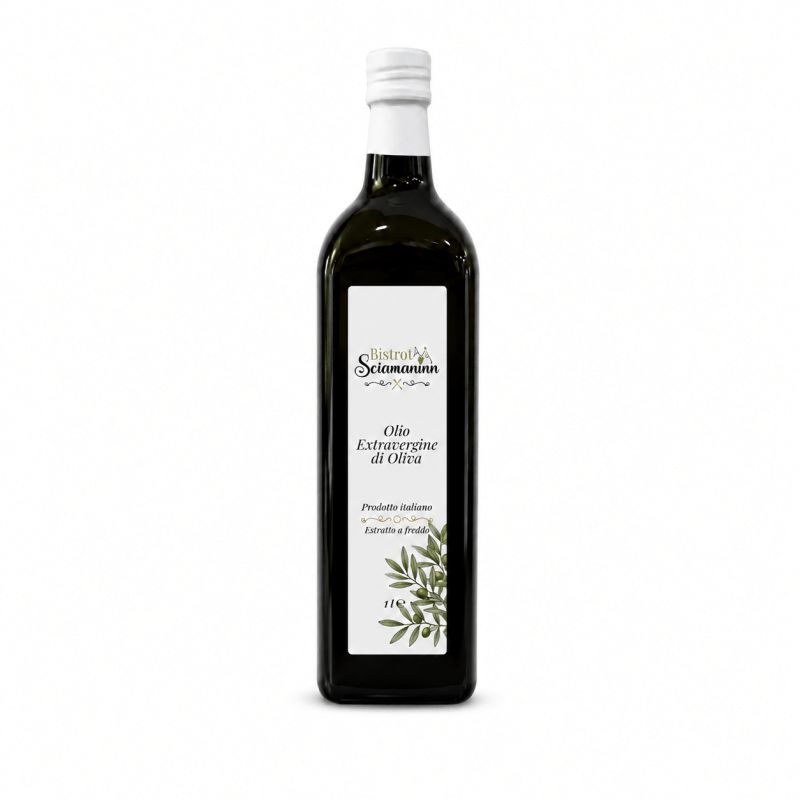 Olio extravergine di oliva Bistrot Sciamaninn in bottiglia da 1 litro su sfondo bianco
