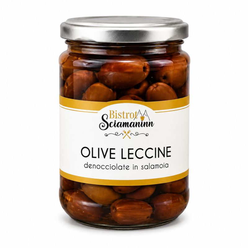Olive Leccine denocciolate in salamoia Bistrot Sciamaninn in vasetto di vetro su sfondo bianco