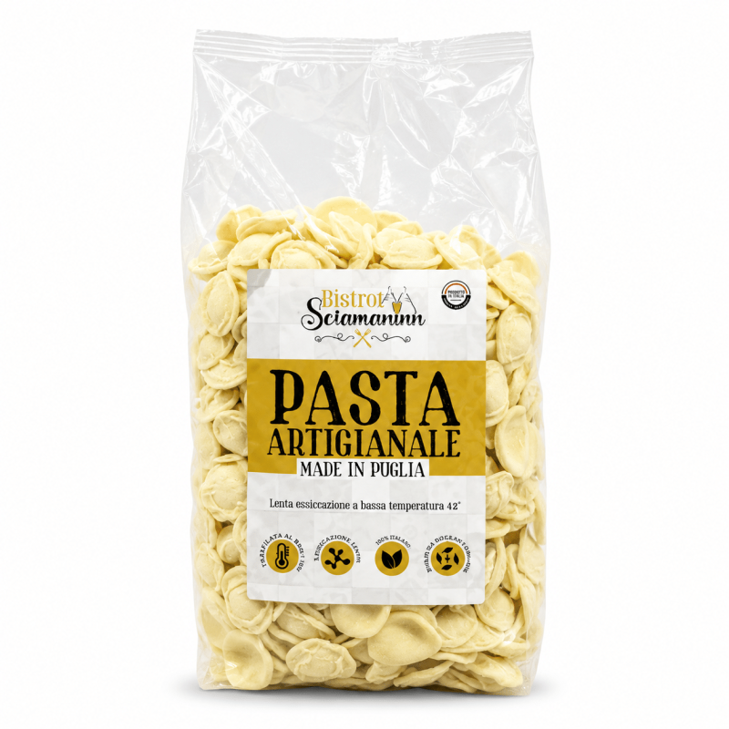 Orecchiette pugliesi artigianali Bistrot Sciamaninn in confezione trasparente su sfondo bianco