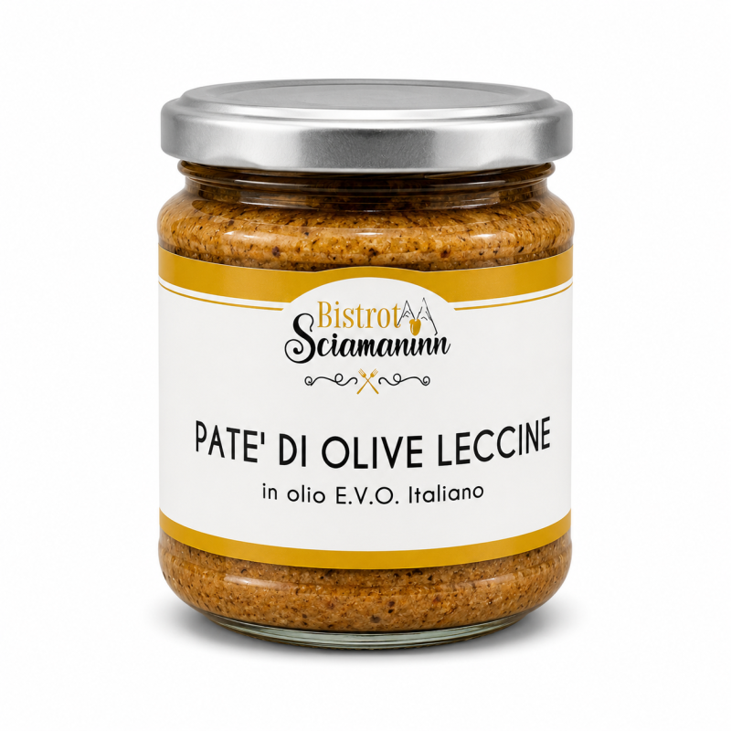 Patè di Olive Leccine Bistrot Sciamaninn in olio E.V.O. italiano su sfondo bianco