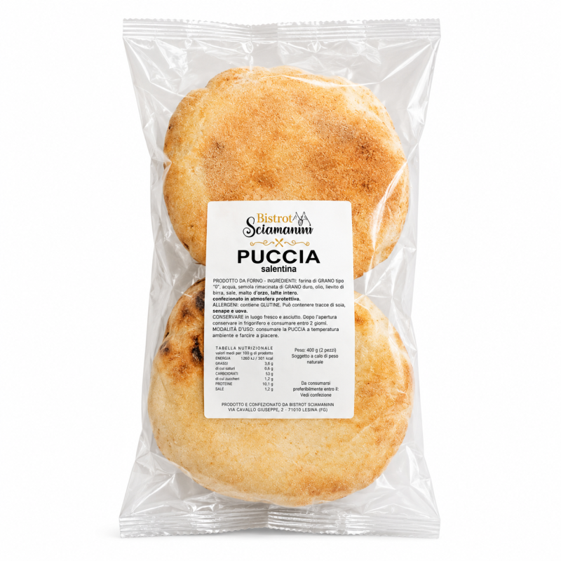 Puccia salentina Bistrot Sciamaninn in confezione trasparente su sfondo bianco