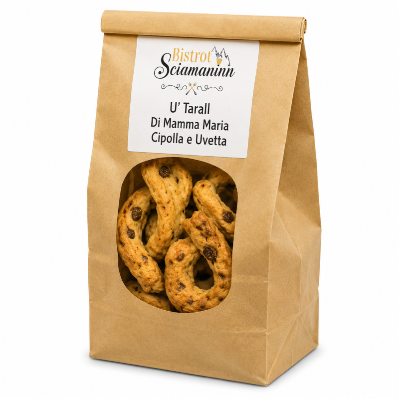 Taralli cipolla e uvetta Bistrot Sciamaninn in confezione kraft su sfondo bianco