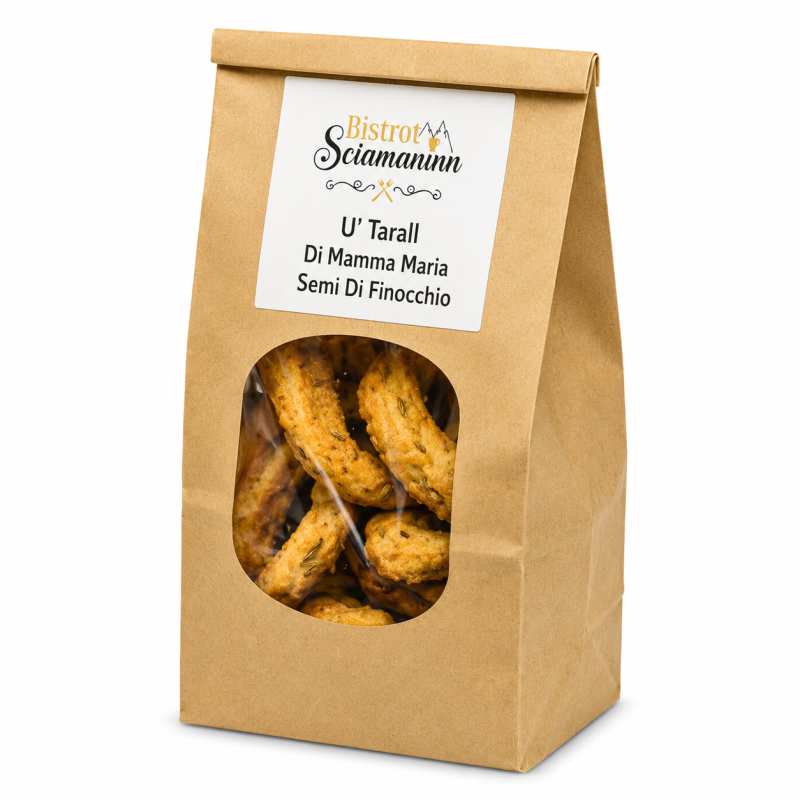 Taralli ai semi di finocchio Bistrot Sciamaninn in confezione kraft su sfondo bianco